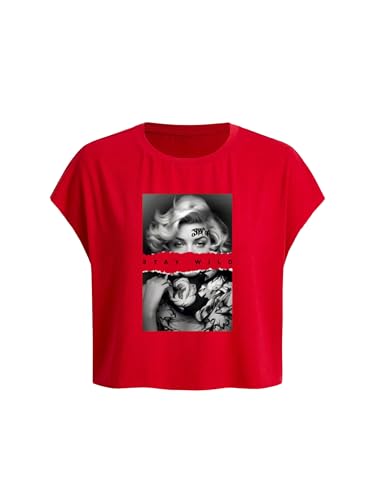 WDIRARA Women's Graphic Print Cap Sleeve Crop Top Crewneck Short Sleeve Tee Y2k T Shirt Red Large