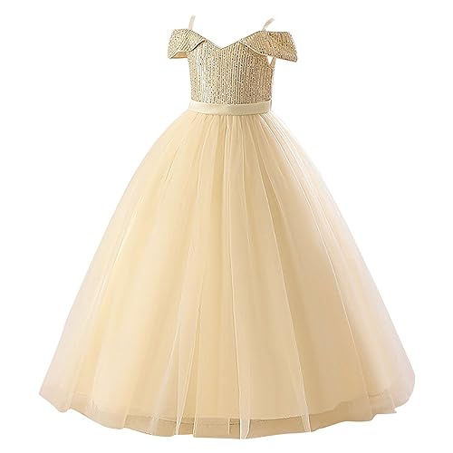 Kids Girl Halloween Outfit Off Shoulder Short Sleeve Tulle Dress Holiday Clothes Pageant Gown Dresses (Beige, 5-6 Years)