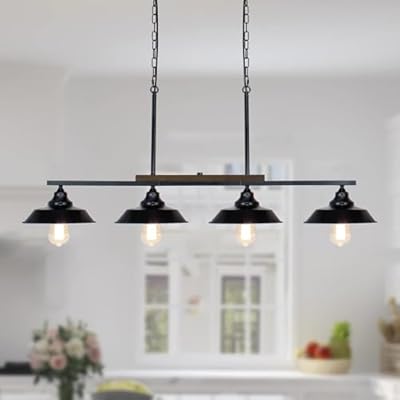 PUZHI HOME Kitchen Island Light, 4 Lights Black Pendant Dining Room Light Fixture Farmhouse Chandeliers for Dining Room Over Table Metal Hanging Lamp for Kitchen Island Hallway Pool Table
