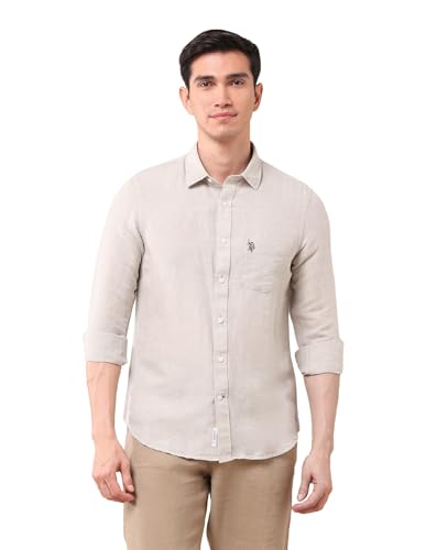Image of U.S. Polo Assn. Men's Beige Solid Spread Collar Full Sleeve Casual Linen Tailored Fit Shirt