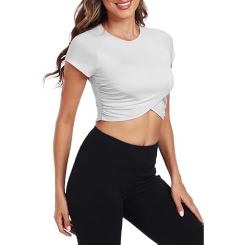 Sanutch Women's Workout Crop Tops Crewneck Short Sleeve Running Gym Athletic Tee Top Quick Dry White S Cover
