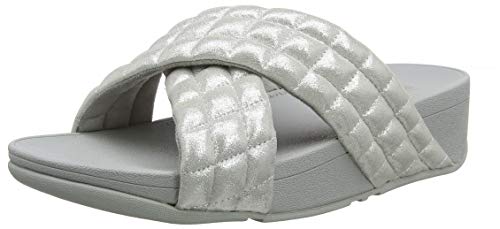 FitFlop Lulu Padded Shimmy Suede Slides, Sandalias de Punta Descubierta para Mujer, Plateado (Silver 011), 43 EU