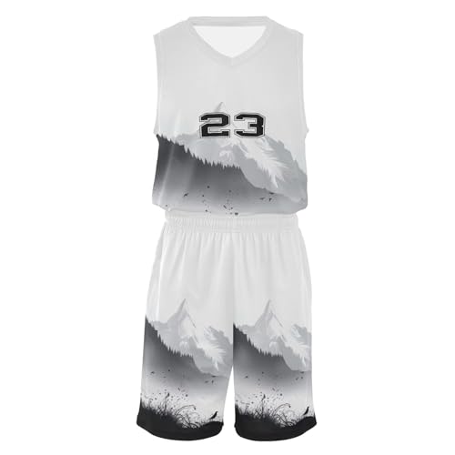 FLildon Mountain Ink Painting Boys Basketball Jersey Set Tank Top Shorts Tracksuit Sport Training Suit for Kids, XL
