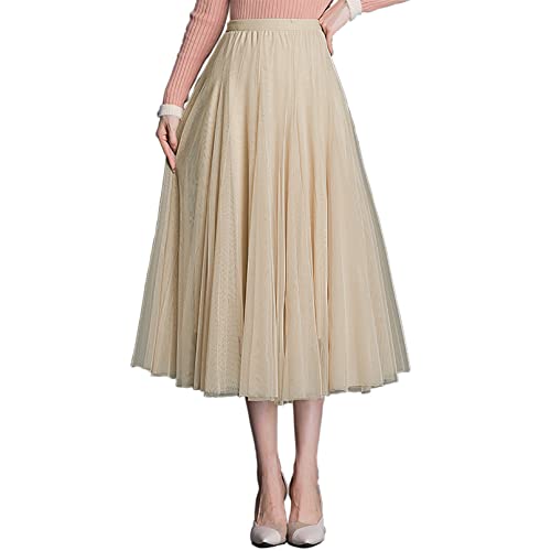 Womens Tulle Skirt Elastic High Waist Pleated A-line Fairy Skirt Layered Mesh Flowy Tutu Skirts
