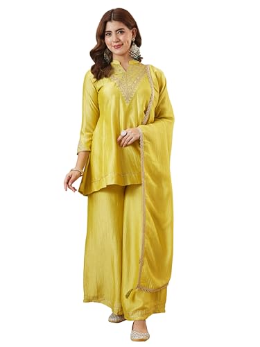Image of MOKOSH Women's Silk Embroidery Kurta Sharara with Dupatta | Kurta Set | Embroidered |Indian Kurta Outfit with Sharara | 3 Piece Outfit |Straight Ethnic Suit 4 Colour Options Available