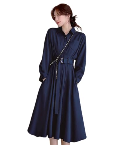 [Collecala] キレイ目ワンピース 春秋冬long onepiece 大人らしく秋物 ネイビーL