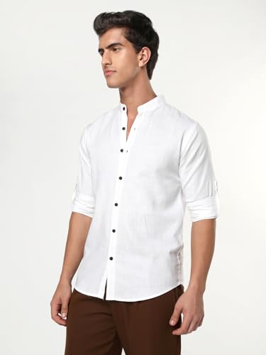 Image of Urbano Fashion Men's Linen Blend Full Sleeve Relaxed Fit Mandarin Collar Casual Solid Shirt
