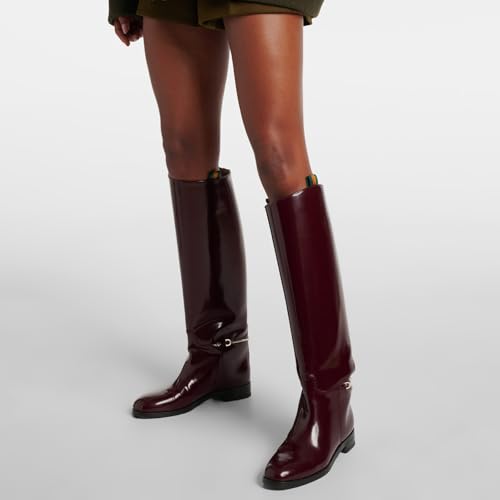 Women's Knee High Boots Chunky Heel Pull On Pointed Toe Riding Boots Sewing Label Ankle Chain Comfortable Winter Fashion Flat Boots Ladies2