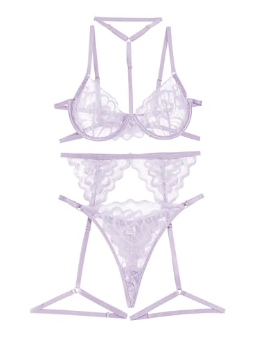 Image of Lilosy Sexy Choker Floral Lace Scallop Sheer Underwire Push Up Garter Belt Lingerie Set 3 Piece
