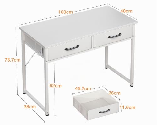 ODK Schreibtisch mit 2 Schubladen, 100 × 40 cm, Kopfhörerhalter, Weiß – Ansicht 2