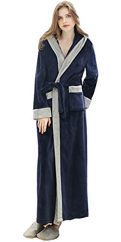 Long Hooded Bathrobe for Womens Flannel Fleece Robes Winter Warm Housecoat Nightgown Sleepwear Pajamas Navy Blue