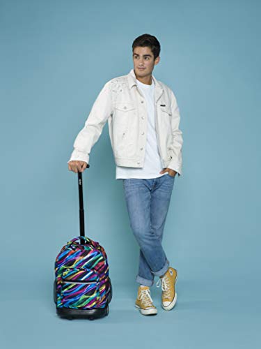 J World New York Sunrise Rolling Backpack. Roller Bag with Wheels, Indigo, 18