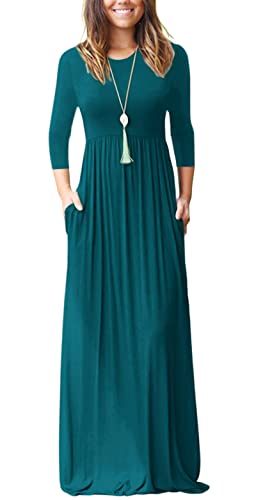 Image of WNEEDU Women's 3 /4 Sleeve Casual Loose Long Maxi Dresses with Pocket | Empire Elastic Waist, Crewneck, Floor Length, Soft Stretchy Flowy, Formal Dress, Wedding Wear, Solid Color and Prints