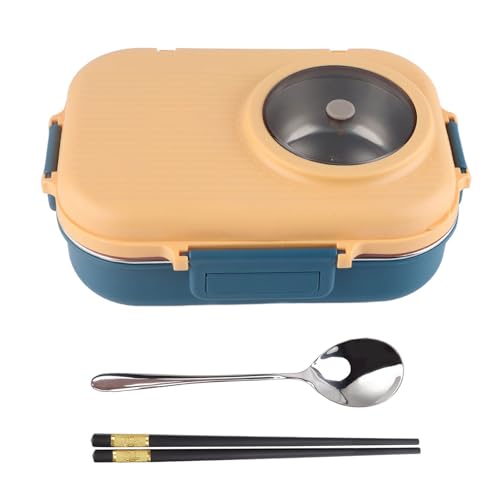 ANGGREK Caja de Acero Inoxidable, Térmica con Diseño de 3 Rejillas de Doble Capa de 1100 Ml con Palillos, Cuchara, Tazón de Sopa, Comidas Familiares Saludables Portátiles