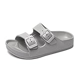 FUNKYMONKEY Unisex-Child Slides Double Buckle Adjustable EVA Flat Sandals for Boys Girls (11 Little Kid, Grey)