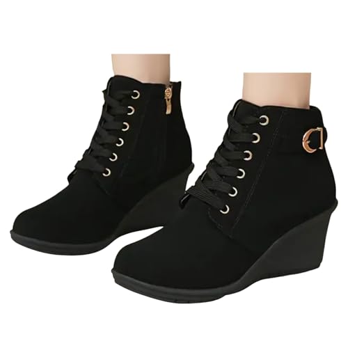 Boots for Women Ankle Booties Women's Lace up Combat Boots High Chunky Wedge Heel Booties Fashion Side Zipper Round Toe Heeled Buckle up Short Boot Autumn Winter Comfortable Shoes