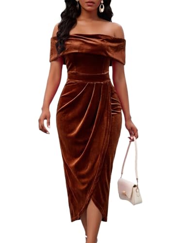 Women's Off Shoulder Velvet Midi Dress - Elegant Short Sleeve Wrap Hem Cocktail Party Dresses for...