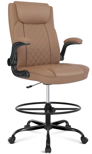 Image of Misolant Drafting Chair, Tall Office Chair for Standing Desk, Standing Chair with Adjustable Height and Flip-up Armrest, Leather Drafting Chair, High Office Chair for Counter Height Desk