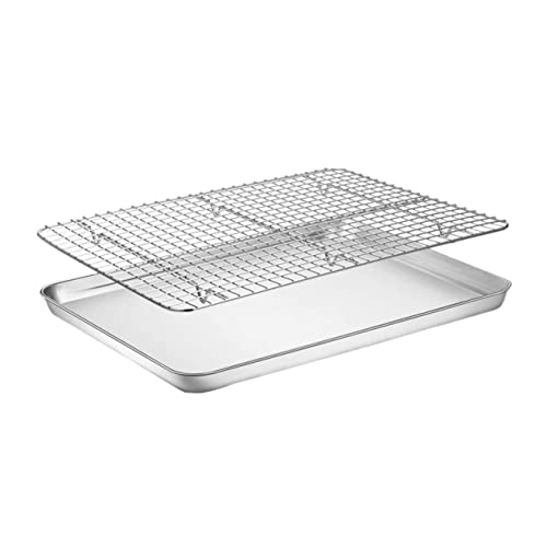 1Set Stainless Steel Baking Tray with Cooling Rack Heavy Duty Bakeware for Roasting Chicken Fish Vegetables Oven Safe Easy to Clean Flat Bottom Design