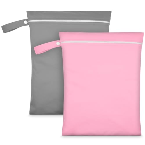 AOOSA 2PCS Wet Bags Reusable Cloth Diaper Bags with Handle and Zipper Lightweight Waterproof Travel Laundry Bag Washable Wet Dry Bag for Baby Items Travel Beach Swimming Gym Camping(Gray & Pink)