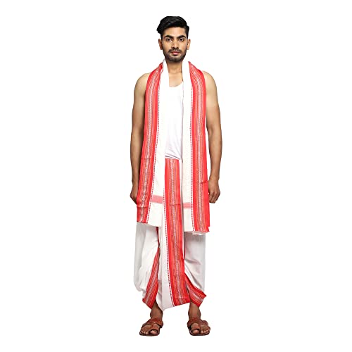 Image of Rameshwaram Fabrics Men's Dhoti 4 Meter + 2.25 Meter Cotton Snow White dhoti for pooja 9X5