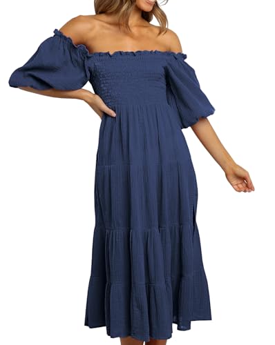 Image of R.Vivimos Women's Summer Cotton Lantern Sleeves Ruffled Off Shoulder A-Line Midi Dresses