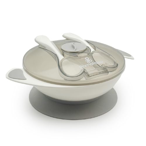 Primo Passi Baby Suction Bowl with Lid Snap-in Fork & Spoon - BPA Free First Stage Self Feeding Utensils (Grey)