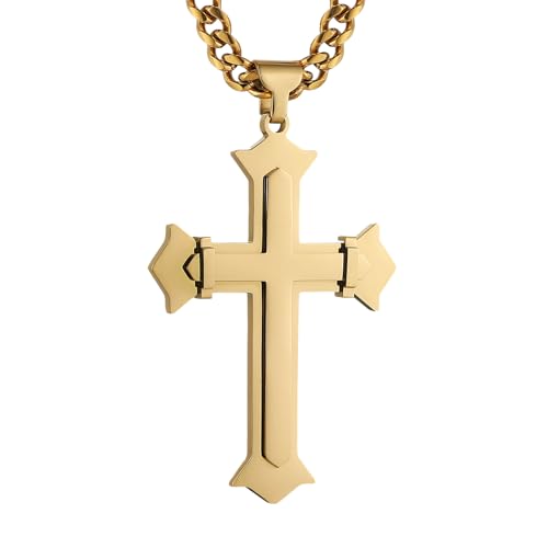 HZMAN Large Cross Necklace for Men High Polished Stainless Steel Heavy Oversize Cross Pendant Christian Faith Jewelry Gift 7mm Cuban Chain