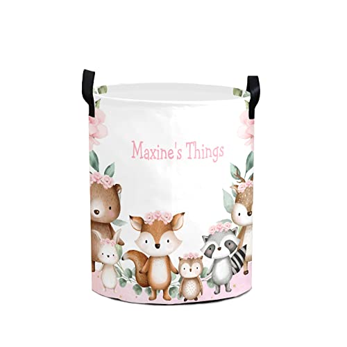 Personalized Laundry Basket, Woodland Animals Pink Floral Custom Storage Bins Laundry Hamper with Name Collapsible Toys Organizer