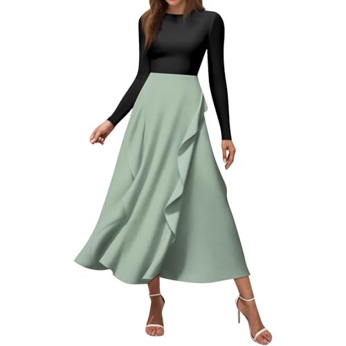 Women's Fall Dresses Long Sleeve Round Neck Empire Waist Ruffle Midi Teacher Dress, S-2XL