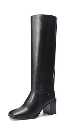 Women's Knee High Boots Chunky Heel Square Toe Side Zipper Tubular Leg Soft Lichee PU Leather Classic Fashion Dress Long Boots
