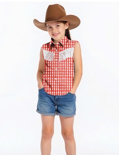 Image of Girls Fringe Shirt Sleeveless Button Down Western Cowgirl Tassel Trim Casual Blouse Shirt Top 4-13Y