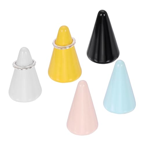 MECCANIXITY 5Pcs Ceramic Ring Holder Tower, Cone Shape Jewelry Rings Display Holders for Nightstand Bedroom Decorative Jewelry Storage Organizer, White/Black/Pink/Yellow/Blue
