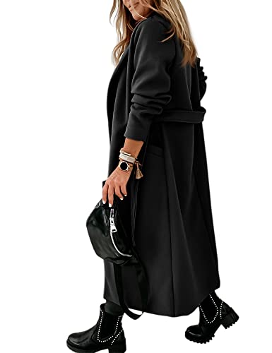 Image of Womens Classic Coat Lapel Collar Open Front Belted Long Jacket