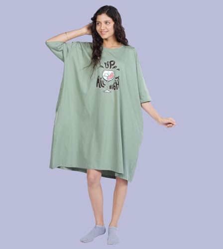 Image of LAMA STORE Women's Printed Oversized T-Shirt Dress, Cotton, 3 /4 Sleeve Length, Casual Loose Fit, Comfort Wear Extra Comfy Oversized Printed Pocket T-Shirt Dress