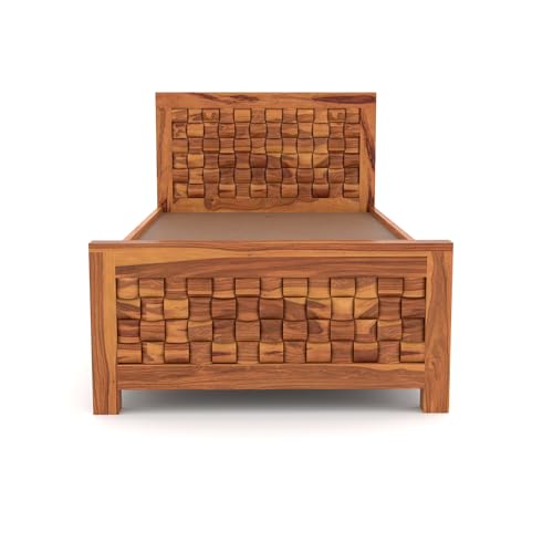 Image of Sheesham Wood Single Size Bed with Storage Box | Wooden Cot for Bedroom | Premium Niwar Design Headboard Bed for Living Room | Honey Finish