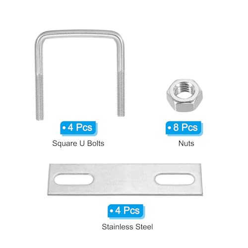 Image of PATIKIL M8x60x60mm Square U-Bolts Kit, 4Set 304 Stainless Steel Square U Shaped Bolts Replacement Parts with Frame Plates and Nuts for Ski Board Sailboat Trailer