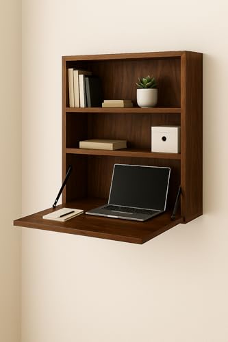 Image of Solid Sheesham Wood Wall Mounted Foldable Study Desk | Walnut Finish | Space Saving Writing Table with Shelves | Self Assembly with Screws & Plugs (Walnut)