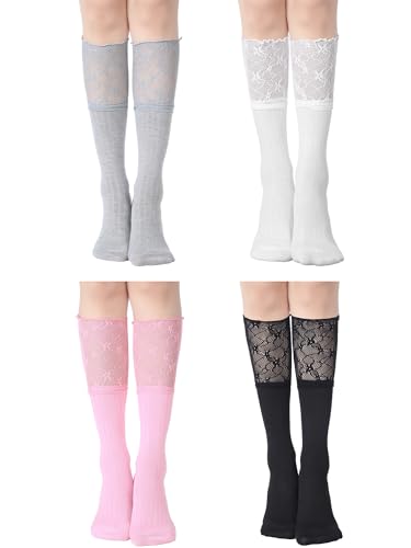 Image of Fourluoo 4 Pairs Women's Lace Socks Calf Stocking with Lace Trim Long Knee High Stockings Lolita Boot Socks