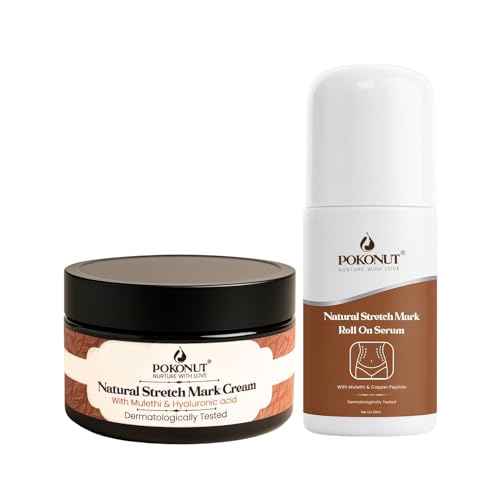 Image of POKONUT Stretch Mark Repair Combo, Cream & Roll-On Serum, with Hyaluronic Acid, Rosehip Oil, Vitamin E, Day & Night Routine, 100g