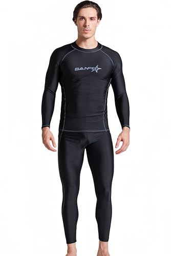 REAL FIELD Mens Two Piece Rash Guard UPF 50+ Long Sleeve Rashguards Swim Shirts and Swim Pants Black Lycra with Grey Thread