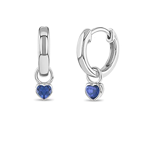925 Sterling Silver Petite Simulated Birthstone Heart Charm Hoop Earrings For Girls 12mm - Cubic Zirconia Earrings For Girls - Beautiful Simulated Birthstone Earrings for Young Girls