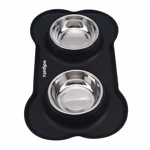 Edipets, Futternapf für Hund Katzen und Haustiere, Trinker für Hund Katzen, Doppelteller aus Edelstahl, rutschfeste Silikonbasis (Größe M - 480 g, Schwarz)