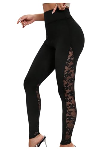 RoseSeek Women's Floral Lace High Waited Leggings See Through Tummy Control Skinny Party Night Out Pants Black Medium