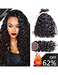 ALIMICE HAIR Water Wave 3 bundles with closure Brazilian 100% Human hair Weave bundles with 4x4 Closure Remy Hair extensions Can be dyed (16 18 20+16)