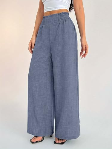 Image of Sugathari Women's Casual Wide Leg Pants - High Waist Elastic Waistband Loose Fit Long Trousers | Lightweight Straight Leg Summer PantsTrouser 254