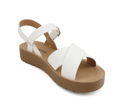 Image of Soda CHESTER ~ Women Flat Sandals Flatform Ankle Buckle Criss Cross Band Straps Sandals Shoes (Gold Raffia, 5.5)
