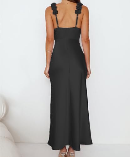 Image of Phicia Summer Satin Spaghetti Strap V Neck Midi Dresses for Women Wedding Guest Elegant Flower Backless Cocktail Formal Dress