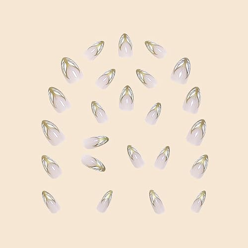 Pureglow Co Medium Press On Nails French Almond Fake Nails Gold Butterfly False Nails Tip With Lines Designs Acrylic Nails Nude Pink Glue On Nails Reusable Artificial Nails Cute Stick On Nails For Women 24Pcs thumb #1