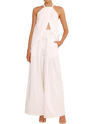 Ensemble 2 pièces pour femme haut court sans manches et pantalon large blanc en taille M pour l'été